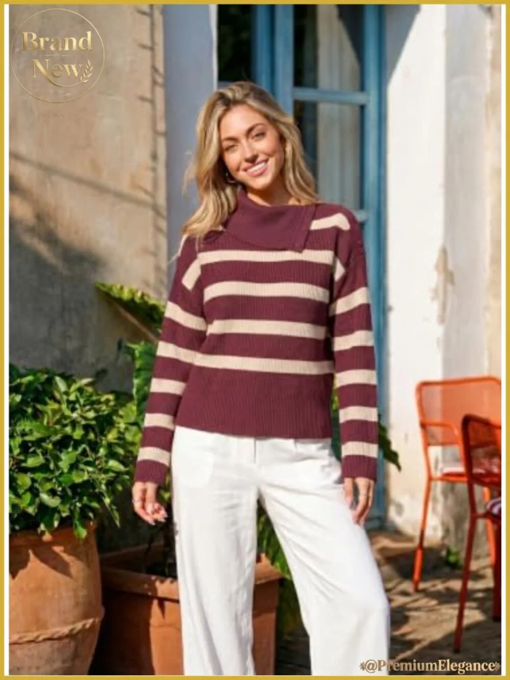 Women's Striped Knit Bell Sleeve Sweater, 3-in-1 Button Collar Turtleneck,